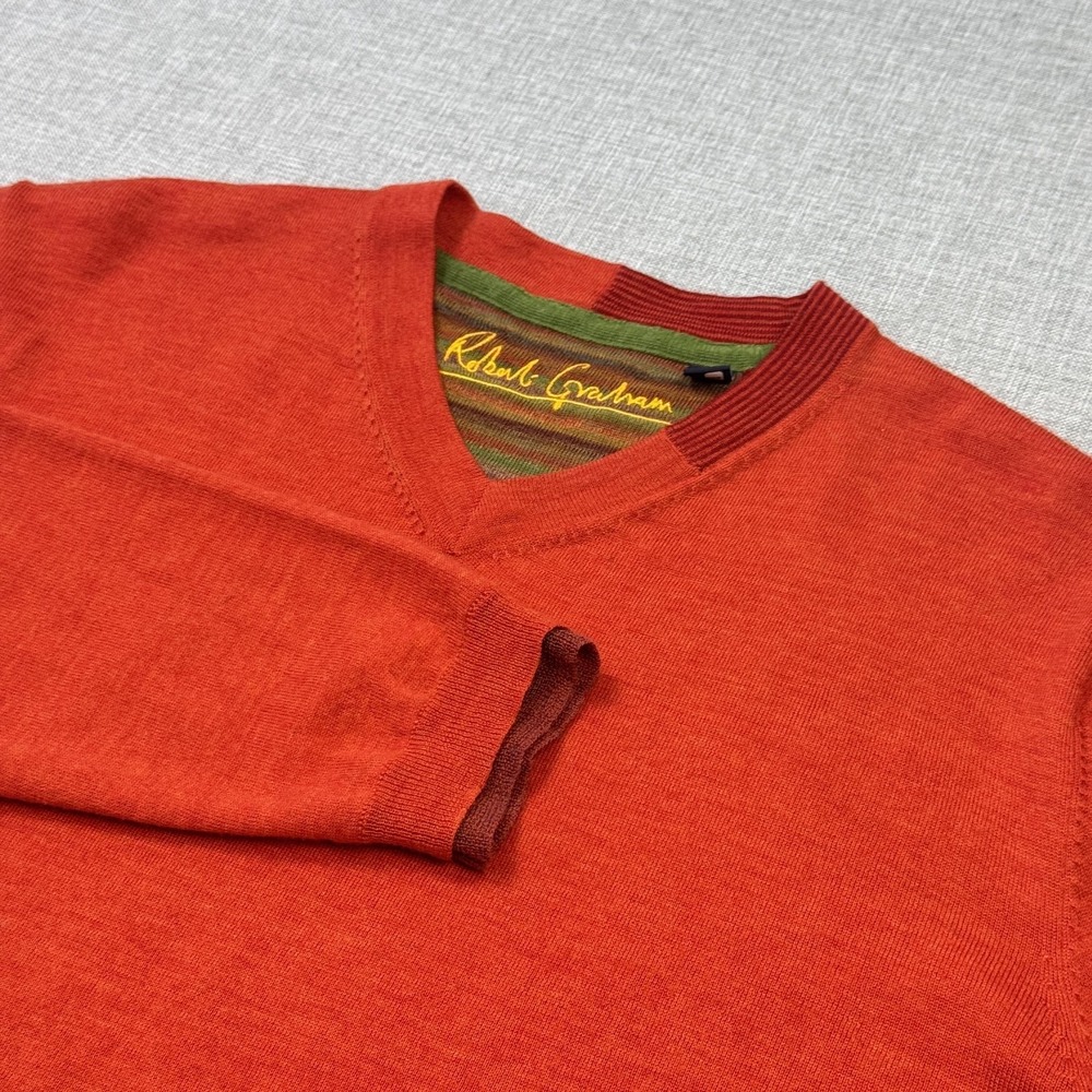 Robert Graham Wool Sweater Pullover Mens Large Red Orange V-Neck Long Sleeve